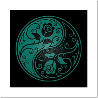 Teal Blue and Black Yin Yang Roses Posters and Art